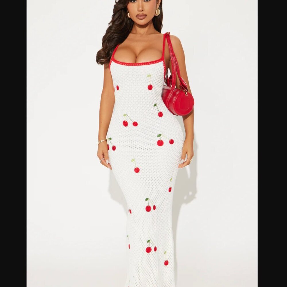 Sweet Girl Cherry Crochet Fruit Print Knit Maxi Dress White Red Size Large - Picture 4 of 9